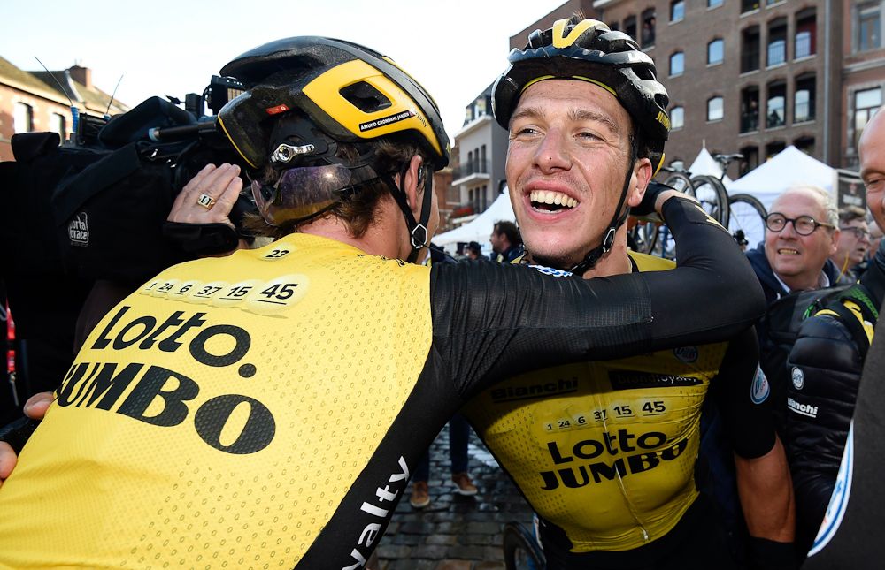 Binche-Chimay-Binche winner Danny van Poppel celebrates with teammates