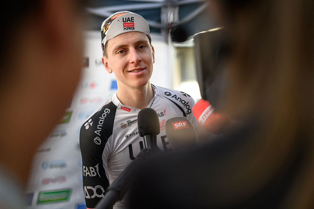 UAE Team Emirates-XRG's Slovenian rider Tadej Pogacar answers questions from jounalists after winning the fourth stage, a 23,7 km time trial from Aarburg to Aarburg, at the Men&amp;rsquo;s Tour of Switzerland (Tour de Suisse) cycling race in Aarburg, Switzerland, on June 20, 2026. (Photo by Fabrice COFFRINI / AFP)