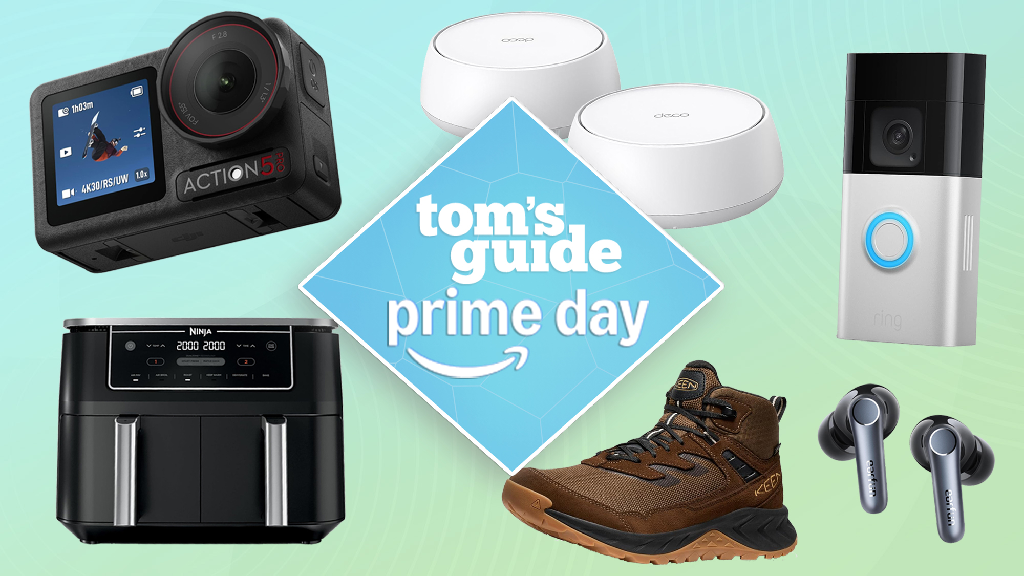 A comped image showing a group of products on a green background with a Tom's Guide Prime Day badge in the center of the image.