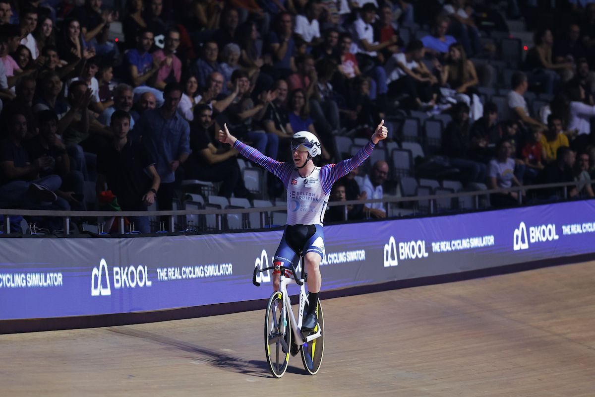 Mark Stewart celebrates after winning the Scratch race at the UCI Track Champions League in Mallorca