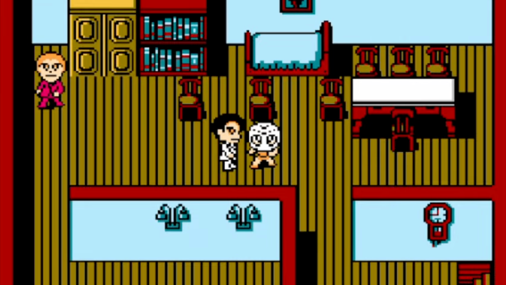 A screenshot from Splatterhouse: World showing three characters in the interior of a house