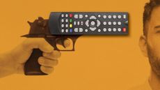 Illustration of a hand pointing a gun at a man's head, with a TV remote control laid over the gun barrel