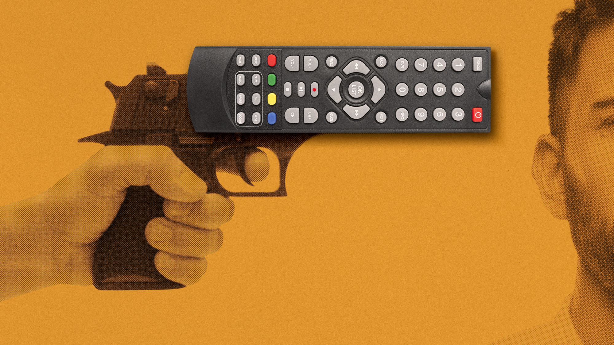 Illustration of a hand pointing a gun at a man's head, with a TV remote control laid over the gun barrel