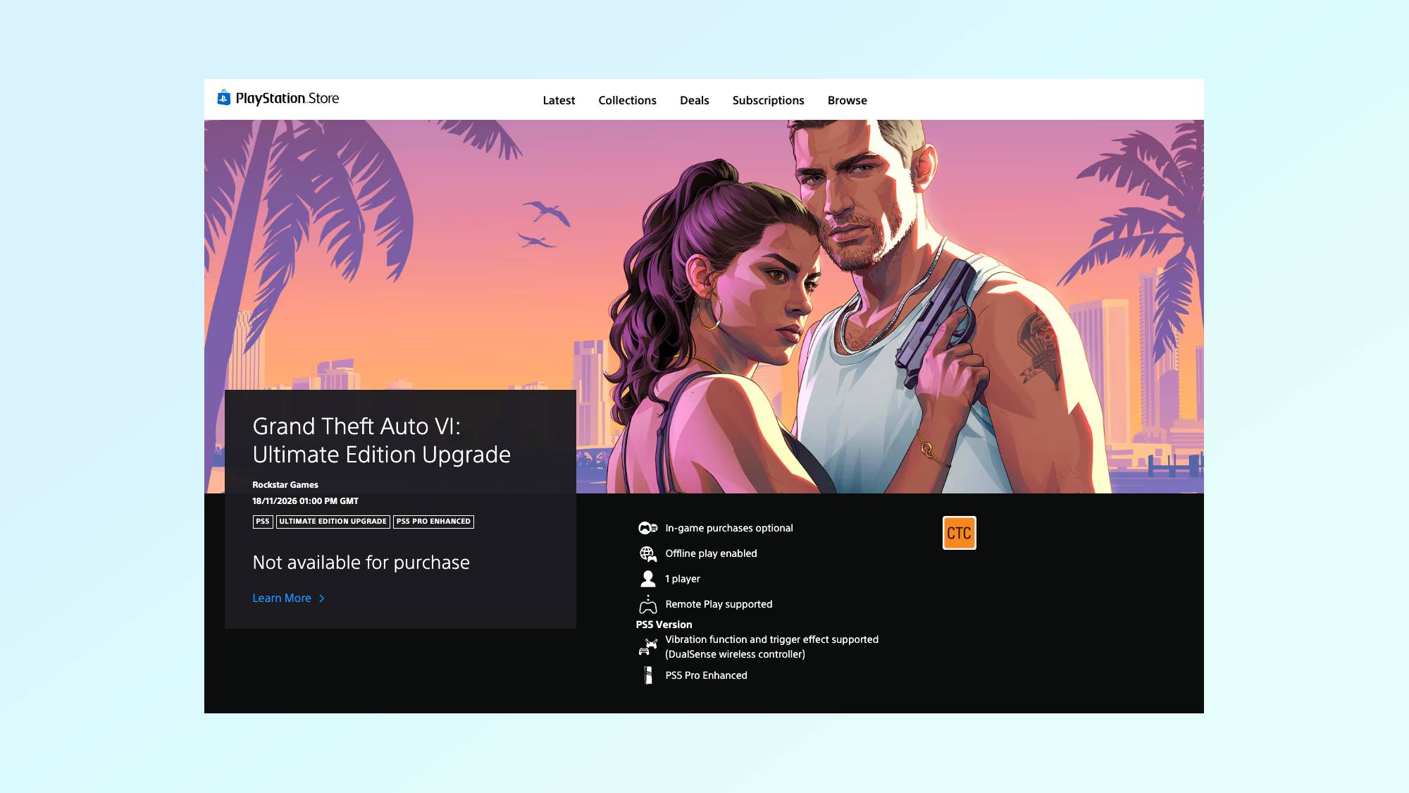 PlayStation Store listing page for the GTA 6 Ultimate Edition upgrade