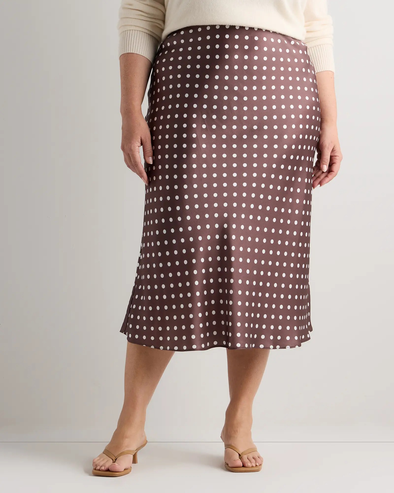 100% Washable Silk Skirt - Plus Size in Mocha Midi Dot