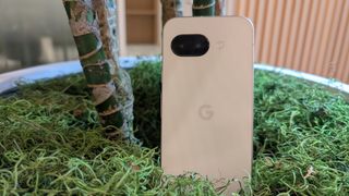 The Porcelain Google Pixel 9a sitting upright on a mossy surface leaning against a plant.