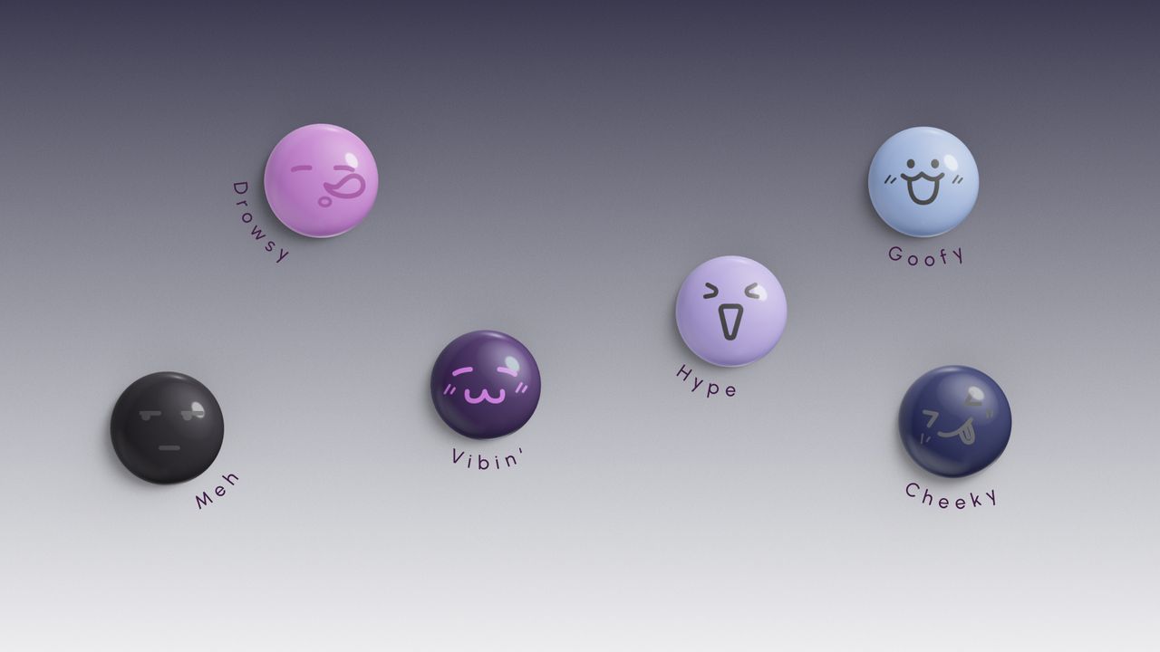 The DuRoBo Moodi offers several swappable emoji caps, such as meh, cheeky, drowsy, hype, vibin&rsquo; and goofy.
