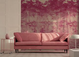 pink sofa in living room with pink wall mural