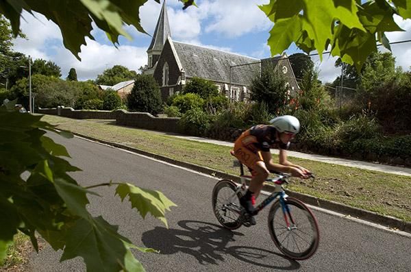 Brenton Jones speeds down the streets of Learmonth in the men's under 23 time trial.