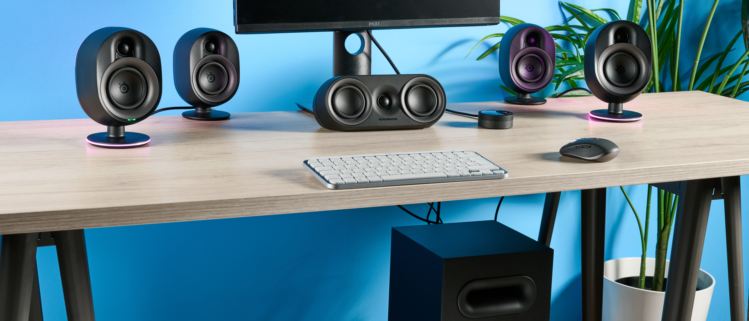 The SteelSeries Arena 9 complete kit set up at a gaming desk