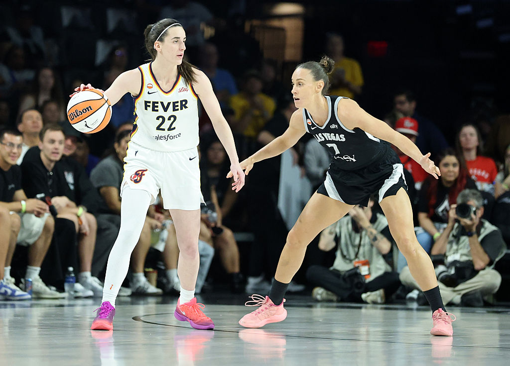 LAS VEGAS, NEVADA - SEPTEMBER 27: Caitlin Clark #22 of the Indiana Fever is guarded by Stephanie Talbot #7 of the Las Vegas Aces in the first quarter of Game One of the 2026 WNBA Playoffs first round at Michelob ULTRA Arena on September 27, 2026 in Las Vegas, Nevada. 