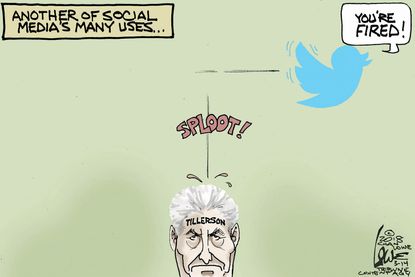 Political cartoon U.S. Rex Tillerson firing Trump Twitter