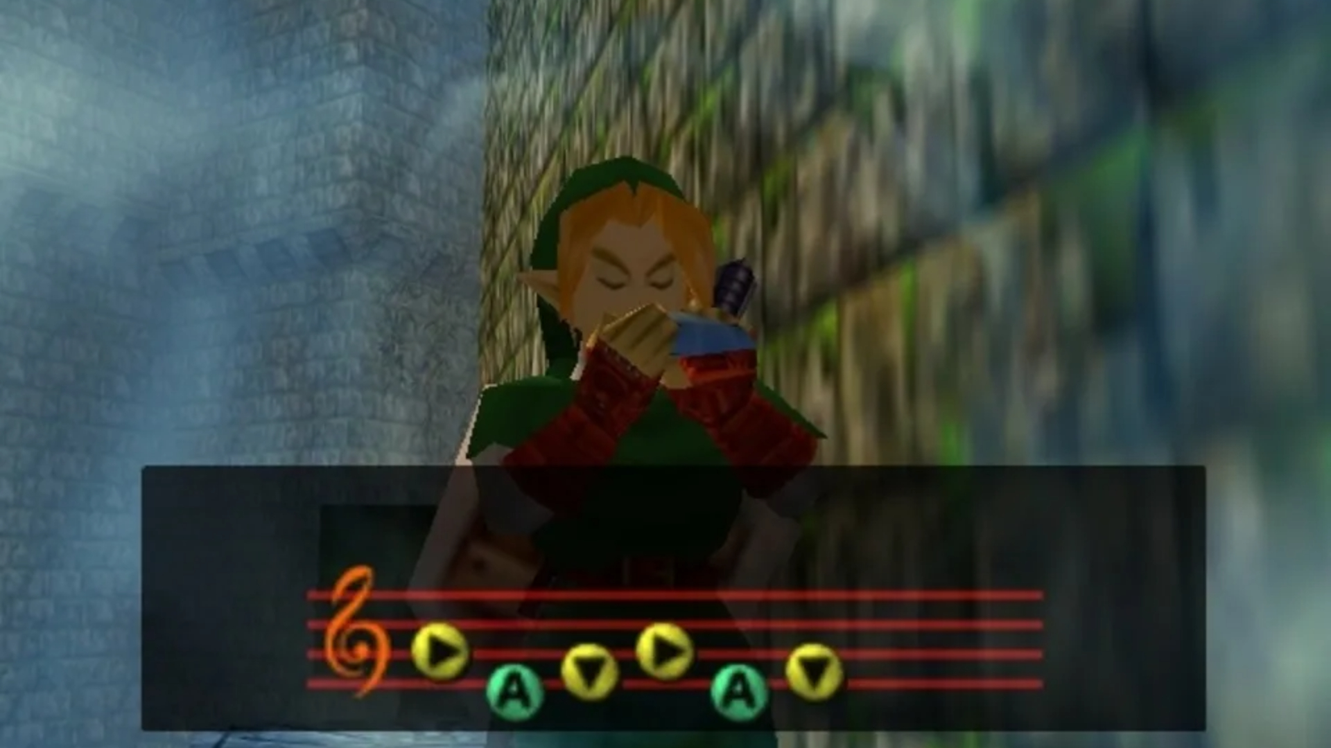 Screenshot of The Legend of Zelda Ocarina of Time Master Quest showing Adult Link playing a song on his ocarina