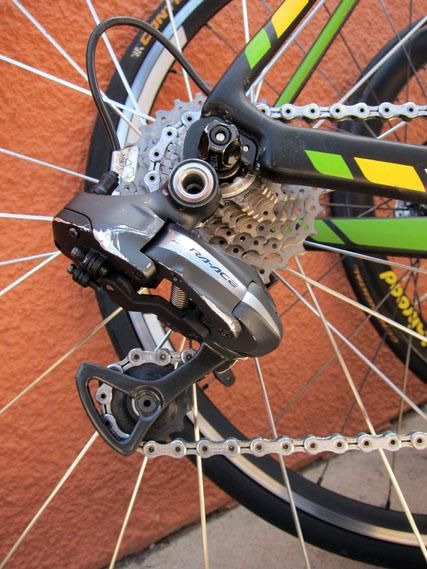Team mechanics are more likely to leave a scraped-up Shimano Dura-Ace Di2 in place than a mechanical one in the event of cosmetic damage - might have something to do with the exorbitant replacement cost.