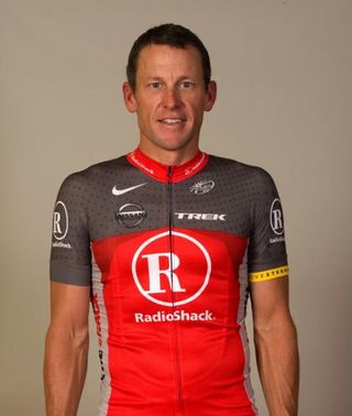 Lance Armstrong models the possible Team RadioShack jersey for 2010