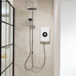 White shower room with silver and white shower