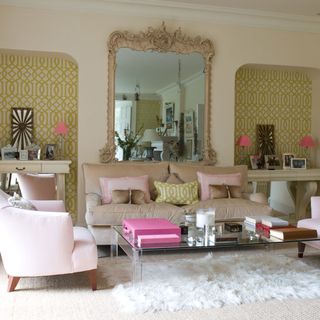 Living-room with symmetrical alcoves and large antique mirror