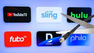 The YouTube TV, Sling TV, Hulu, Philo, DirecTV Stream and FuboTV logos appear on a screen with a scissors cutting a coaxial cable wire in front.