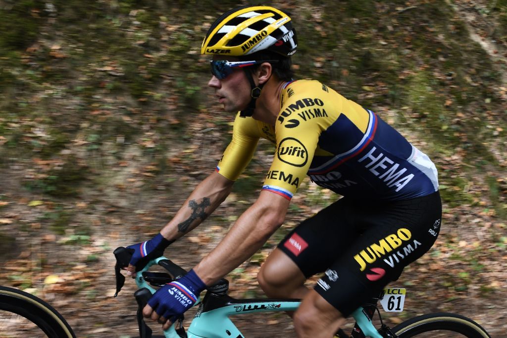 Team Jumbo rider Slovenias Primoz Roglic rides during the first stage of the 72nd edition of the Criterium du Dauphine cycling race 2185 km between ClermontFerrand and SaintChristoenJarez on August 12 2020 Photo by AnneChristine POUJOULAT AFP Photo by ANNECHRISTINE POUJOULATAFP via Getty Images