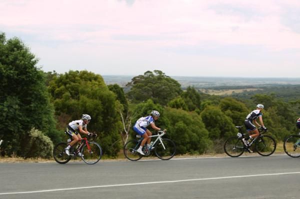 No time to look at the scenery... the leaders on the corner after the summit of Mount Buninyong.
