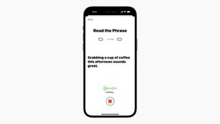 The Personal Voice feature in iOS 17, with a person reading a phrase to train the feature.