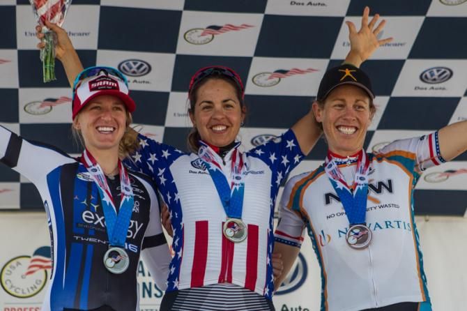 2013 US pro women's time trial podium (L-R): Kristin McGrath (Exergy TWENTY16), Carmen Small (Specialized-lululemon) and Alison Powers (NOW and Novartis for MS)