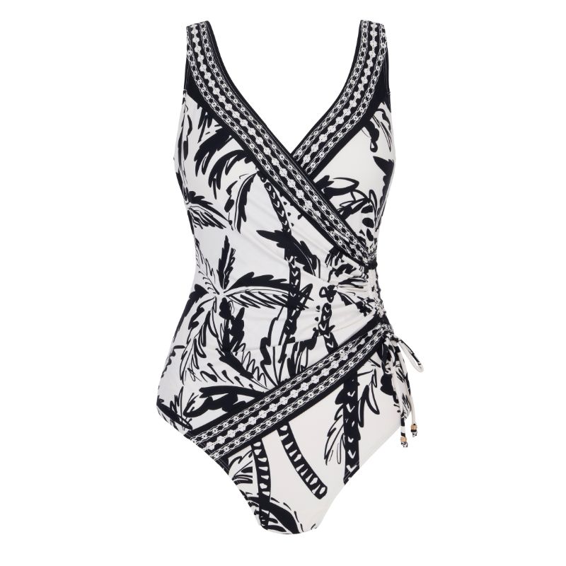Next x Kelly Brook, Black/Cream Palm Ruched Side Tummy Shaping Control Swimsuit