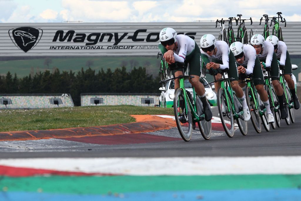 Caja Rural-Seguros RGA's riders cycle during the 3rd stage of the Paris-Nice cycling race, a 28,4 km team time trial between Nevers Magny-Cours Circuit and Nevers, on March 11, 2025. (Photo by Anne-Christine POUJOULAT / AFP)