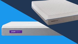 Images shows the Purple Hybrid mattress on the left on a blue background and the Tempur-Pedic Cloud Hybrid on the right
