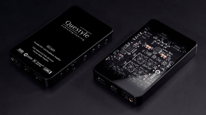 Marketing image of the Questyle Sigma DAC front and back on a black background