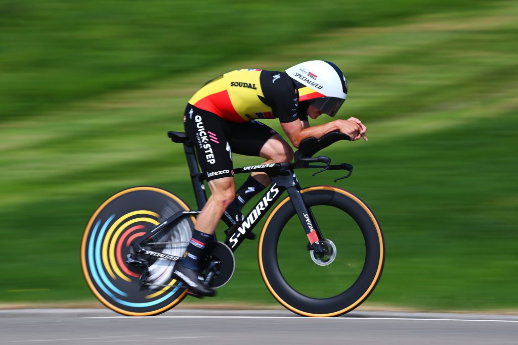 ABTWILL SWITZERLAND JUNE 18 Remco Evenepoel of Belgium and Team Soudal QuickStep sprints during the 86th Tour de Suisse 2023 Stage 8 a 257km individual time trial from St Gallen to Abtwil UCIWT on June 18 2023 in Abtwil Switzerland Photo by Dario BelingheriGetty Images