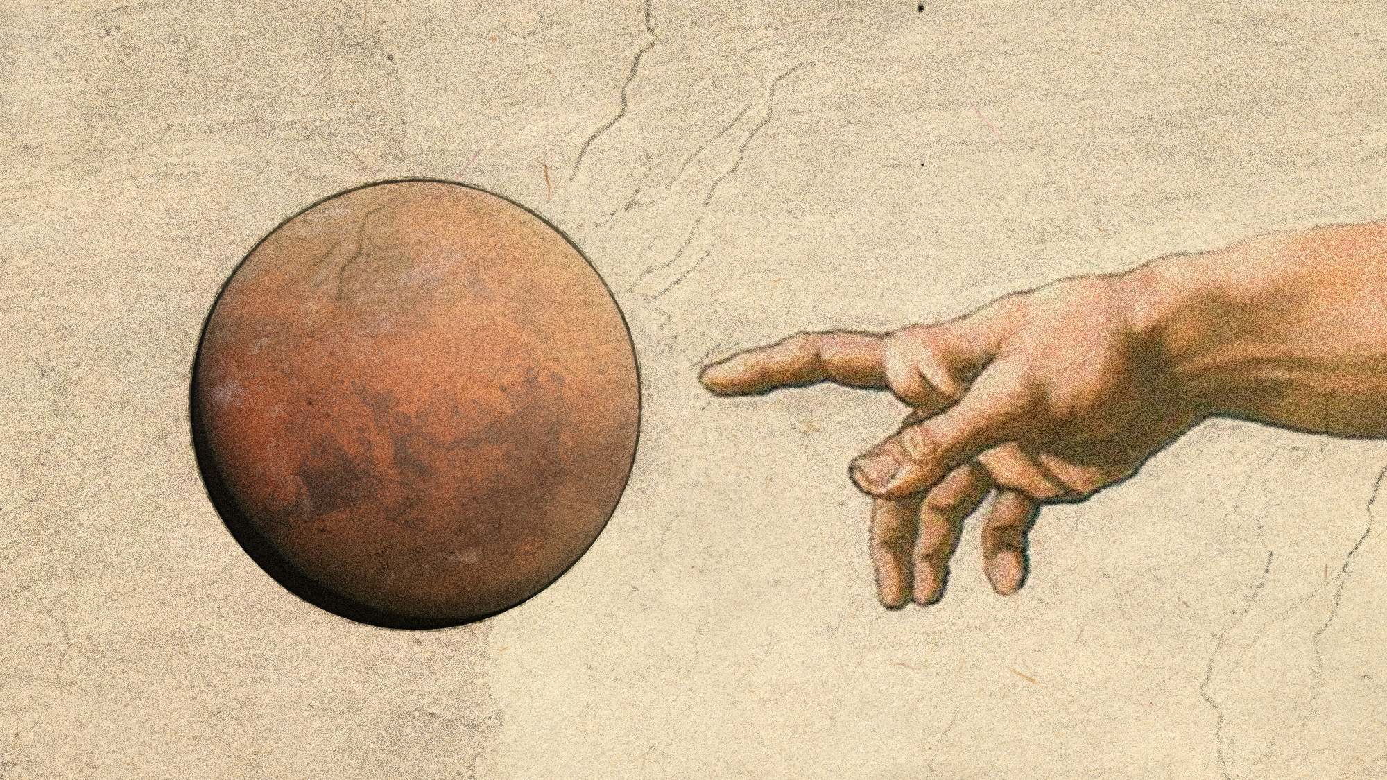 Photo collage of Michelangelo's Creation of Adam, with Adam's hand replaced by Mars