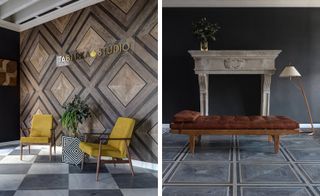 Framed panels and reclaimed fireplaces at the Tabarka Studio LA showroom