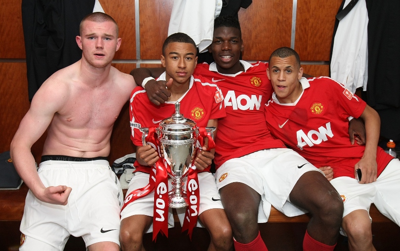 Ravel Morrison celebrating Man United's FA Youth Cup win with Ryan Tunnicliffe, Jesse Lingard and Paul Pogba