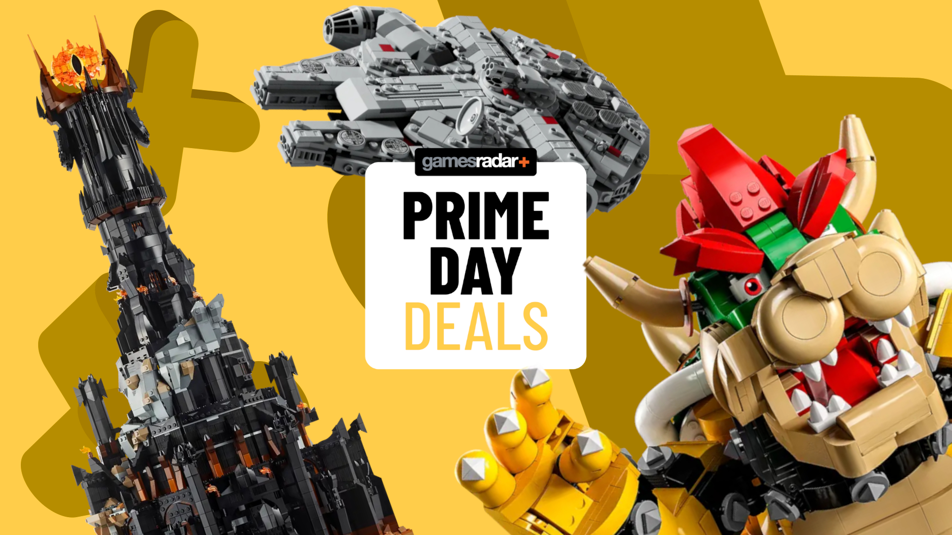 Lego Barad-dur, Millennium Falcon, and The Mighty Bowser sets surrounding a GamesRadar+ Prime Day page, all on a yellow background with crosses