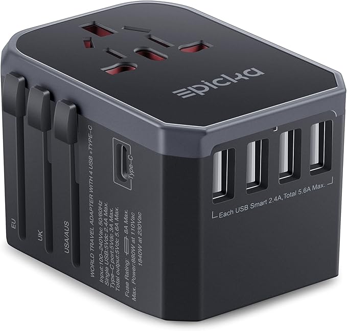 A black Epicka Universal Travel Adapter