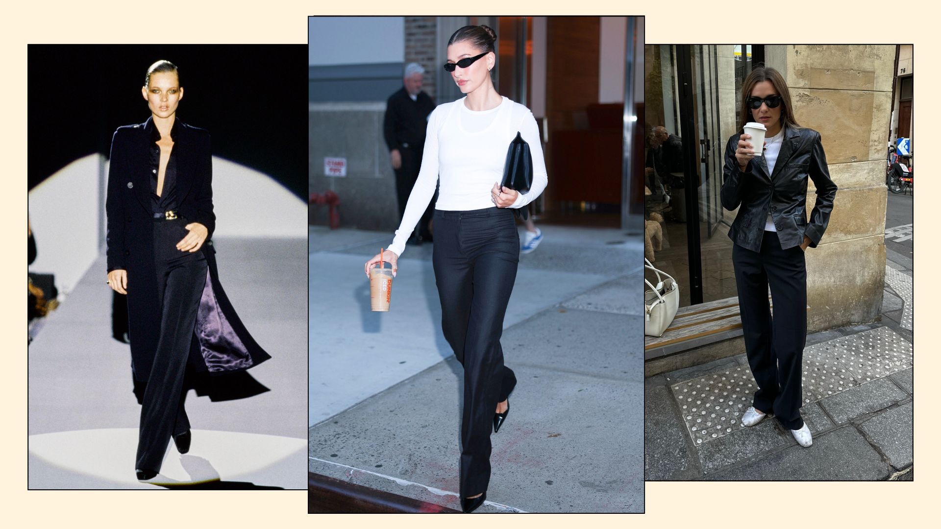 A collage of cigarette trousers, one of the biggest trouser trends of 2025, as seen on Hailey Bieber, Tom Ford&#039;s 1996 runway for Gucci and French influencer @annelauremais