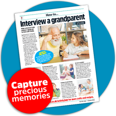 Magazine page showing "Interview a grandparent" article with image of a grandfather talking to his granddaughter.