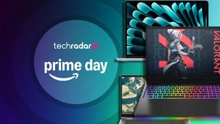 Laptops against a blue and green TechRadar Prime Day deals background