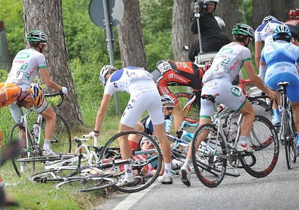 Chaos mid-stage when several riders hit the pavement.