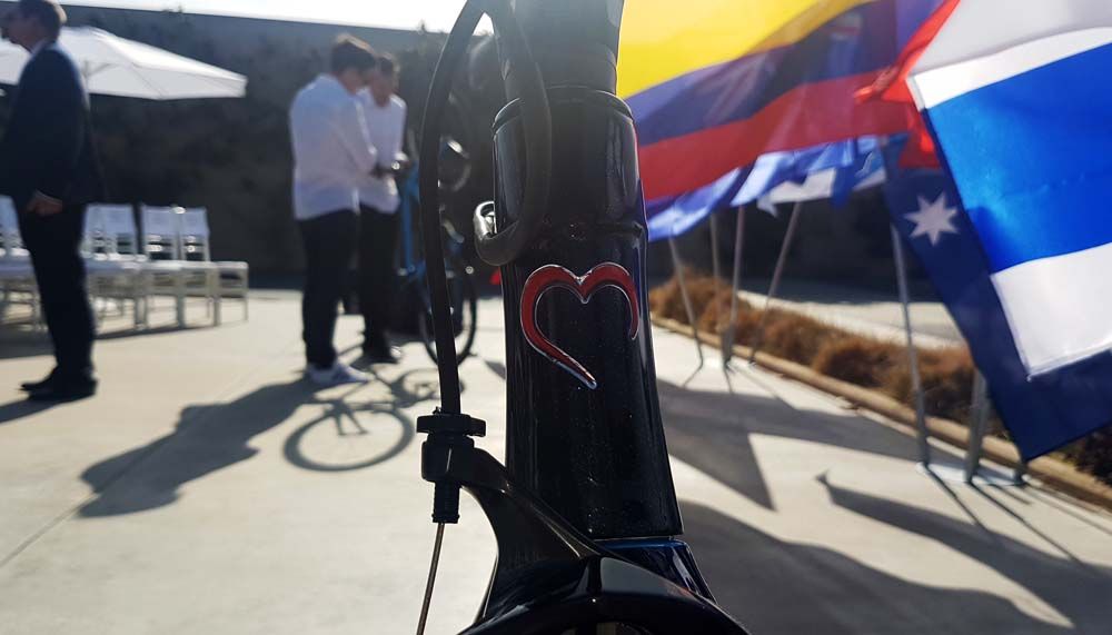 The red heart of the De Rosa logo on the head tube