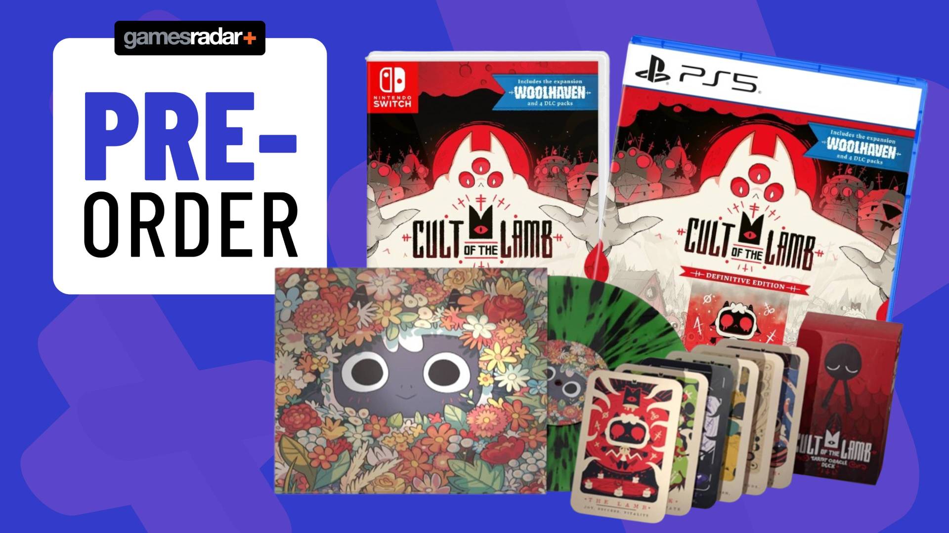 Image of an assortment of the Cult of the Lamb Collector's Edition goodies by Devolver Digital and Massive Monster on a blue GamesRadar+ background.