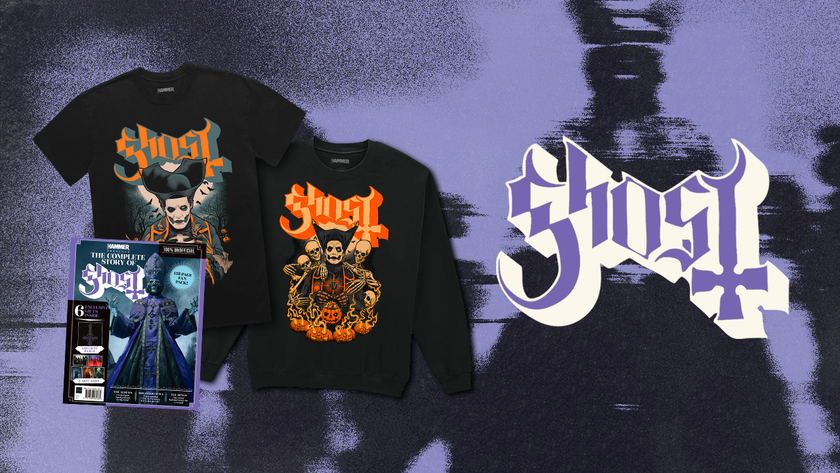 Ghost-themed t-shirt, sweatshirt and book, next to the Ghost logo