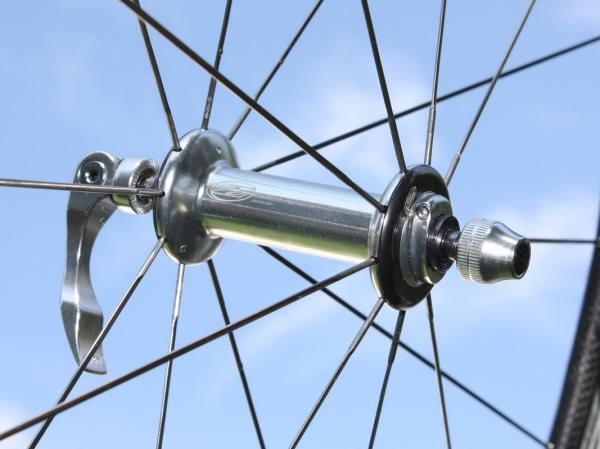 Straight-pull bladed stainless steel Sapim spokes are anchored in widely set flanges