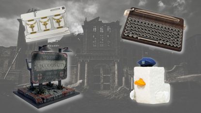 Resident Evil merch on a RE9 background of Raccoon City Police Department