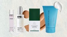 Lineup of the best new beauty launches in September 2026 (L-R) from OUAI, K18, Drunk Elephant and Skin Rocks on a blue speckled background with foundation, serum and cream swatches