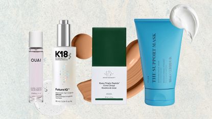 Lineup of the best new beauty launches in September 2026 (L-R) from OUAI, K18, Drunk Elephant and Skin Rocks on a blue speckled background with foundation, serum and cream swatches