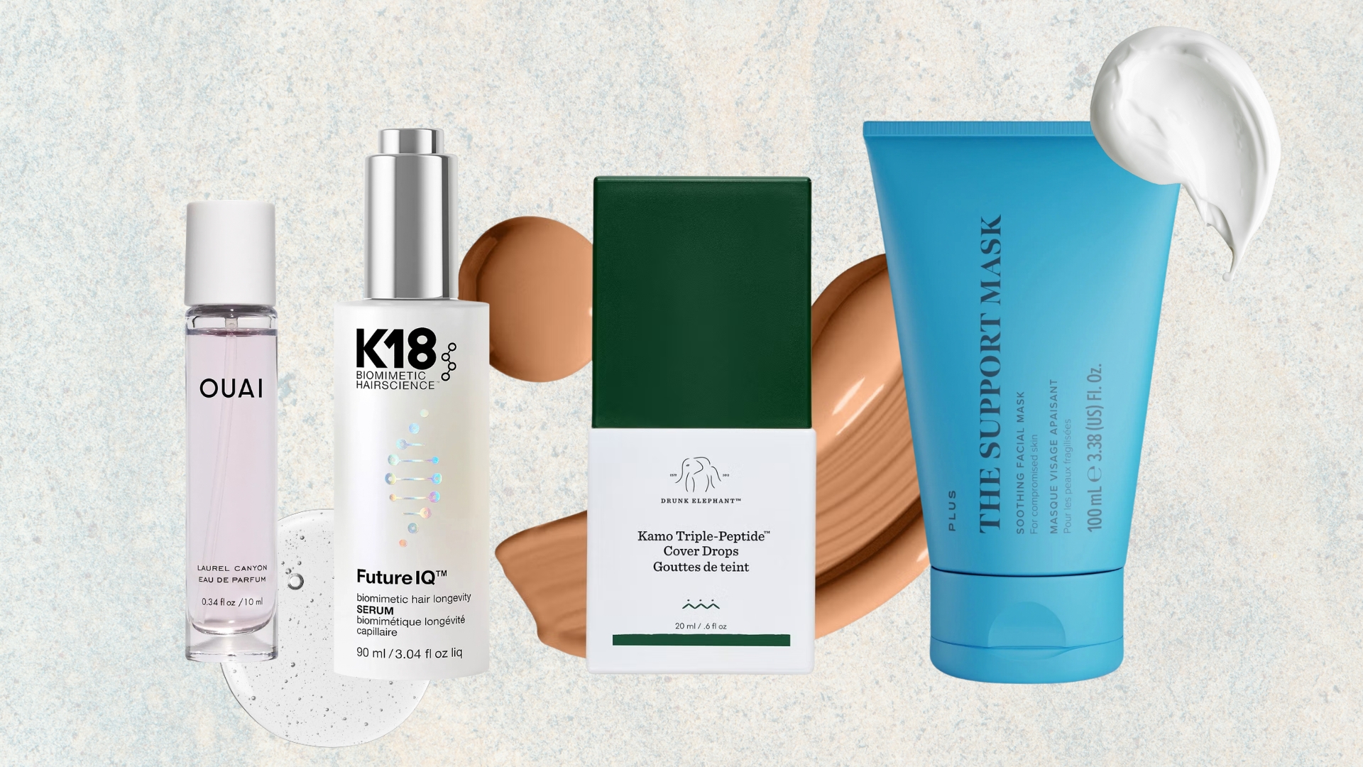 Lineup of the best new beauty launches in September 2026 (L-R) from OUAI, K18, Drunk Elephant and Skin Rocks on a blue speckled background with foundation, serum and cream swatches