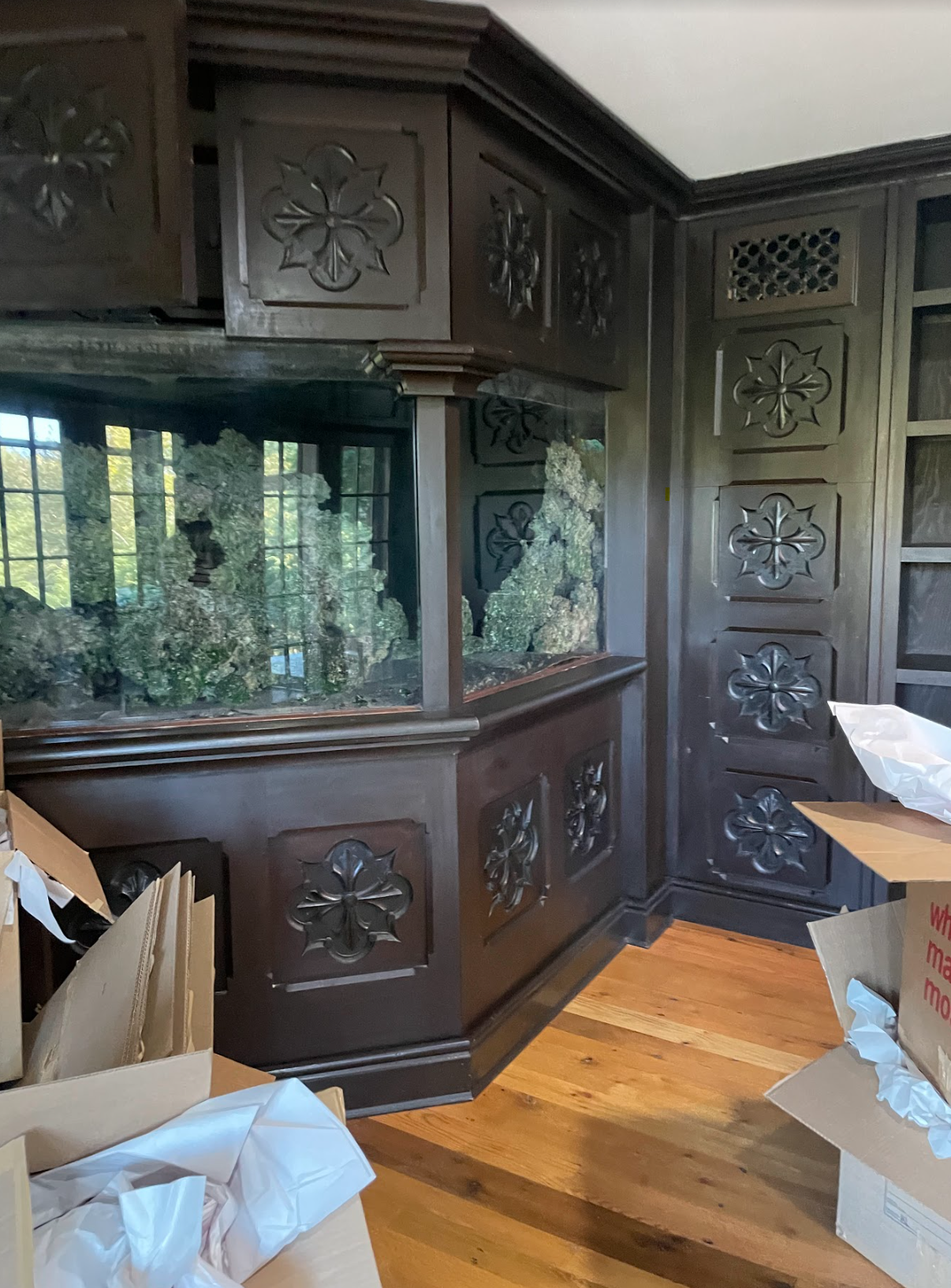 A home bar of dark wood carved with a gothic floral motif and a glass screen