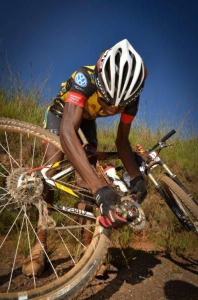 One of the many mechanical issues that Adrien Niyonshuti experienced on the day